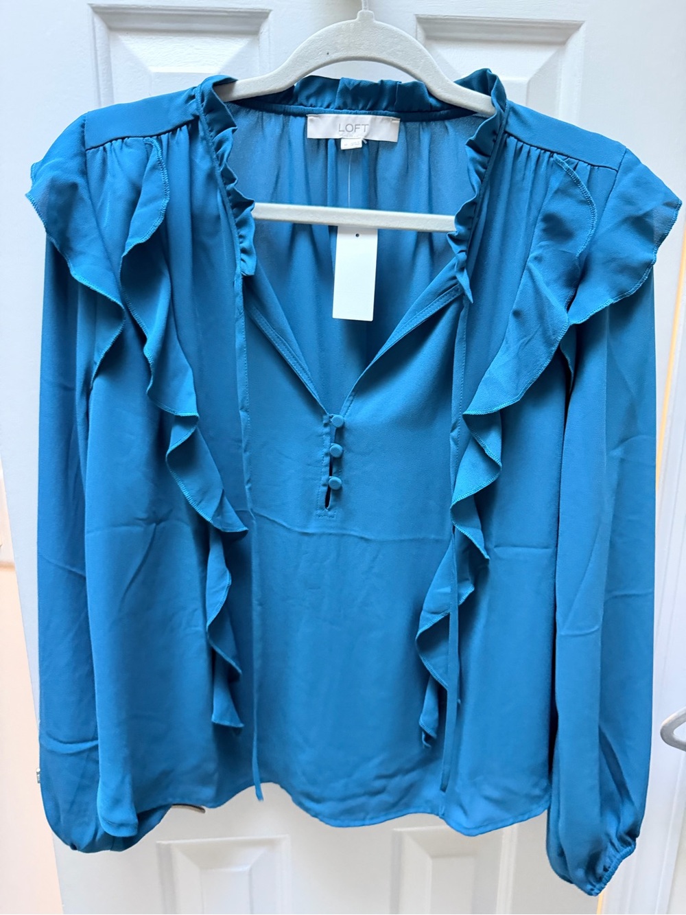 LOFT Teal Ruffle V-Neck Blouse